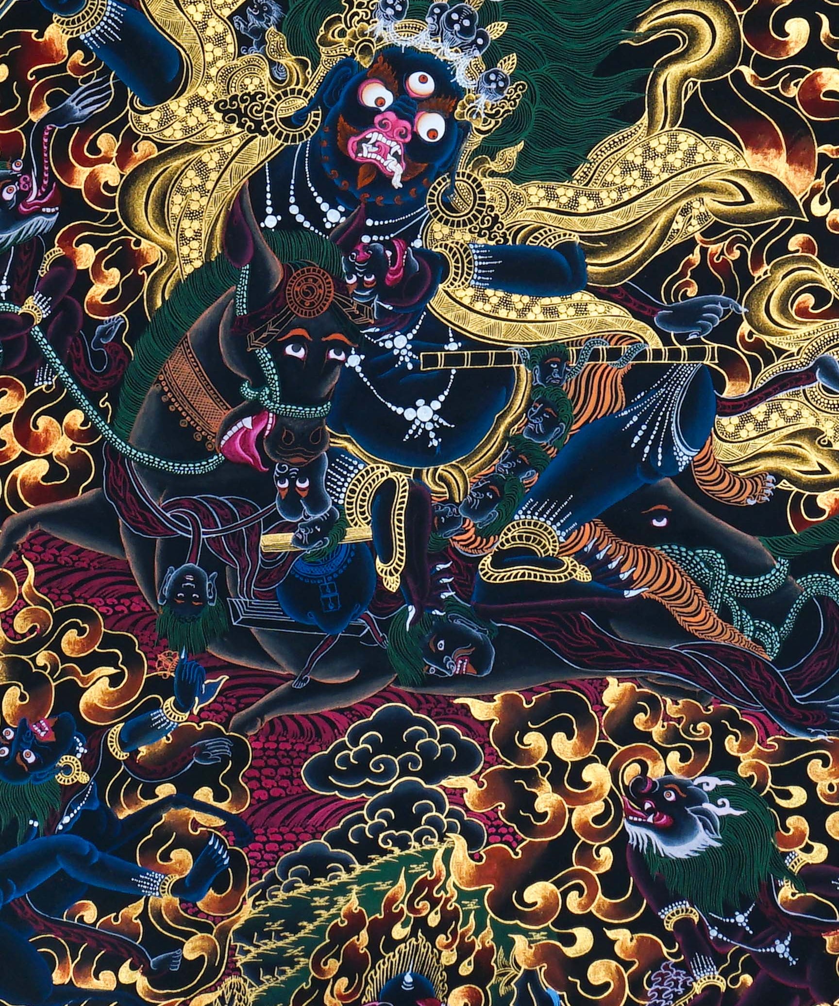 Close-up detail of Palden Lhamo Thangka Painting, wrathful female protector riding through flames and dark clouds with gold detailing
