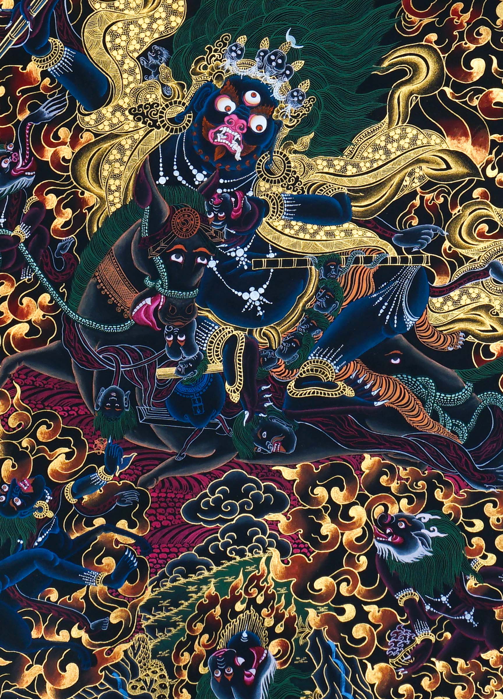 Close-up detail of Palden Lhamo Thangka Painting, wrathful female protector riding through flames and dark clouds with gold detailing