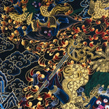 Close-up detail of Palden Lhamo Thangka Painting, wrathful female protector riding through flames and dark clouds with gold detailing