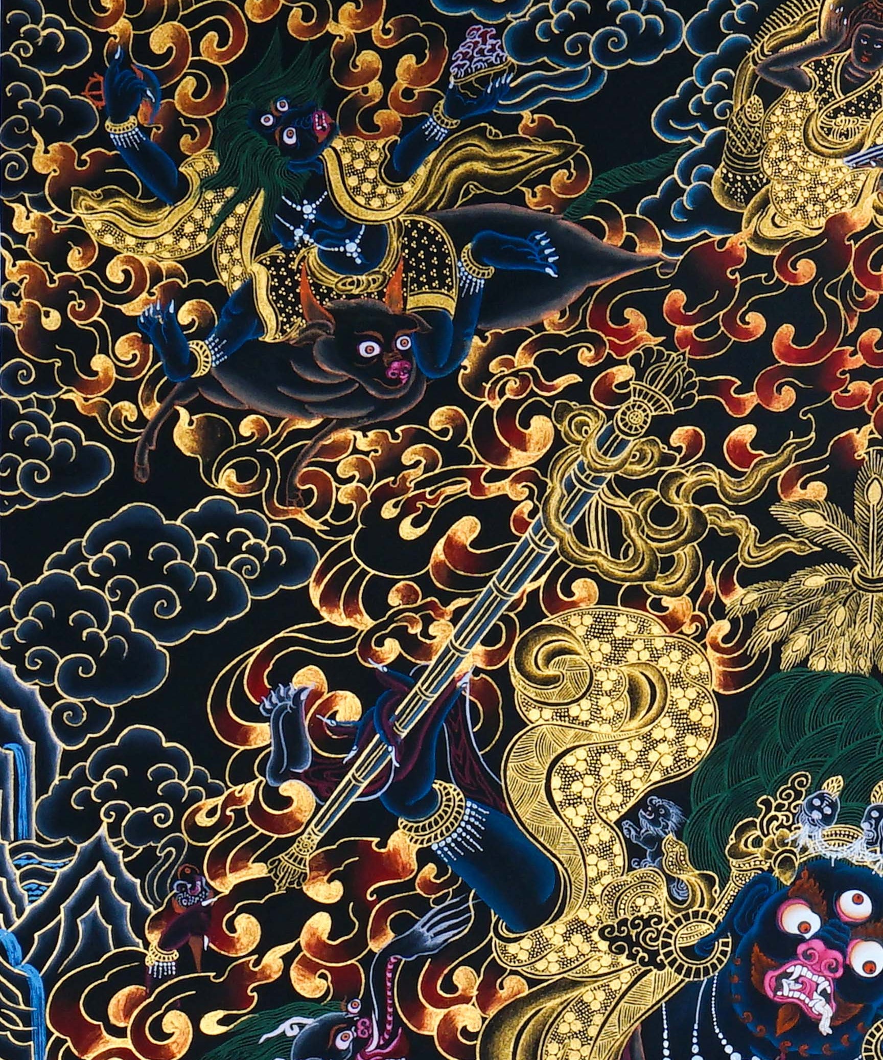 Close-up detail of Palden Lhamo Thangka Painting, wrathful female protector riding through flames and dark clouds with gold detailing