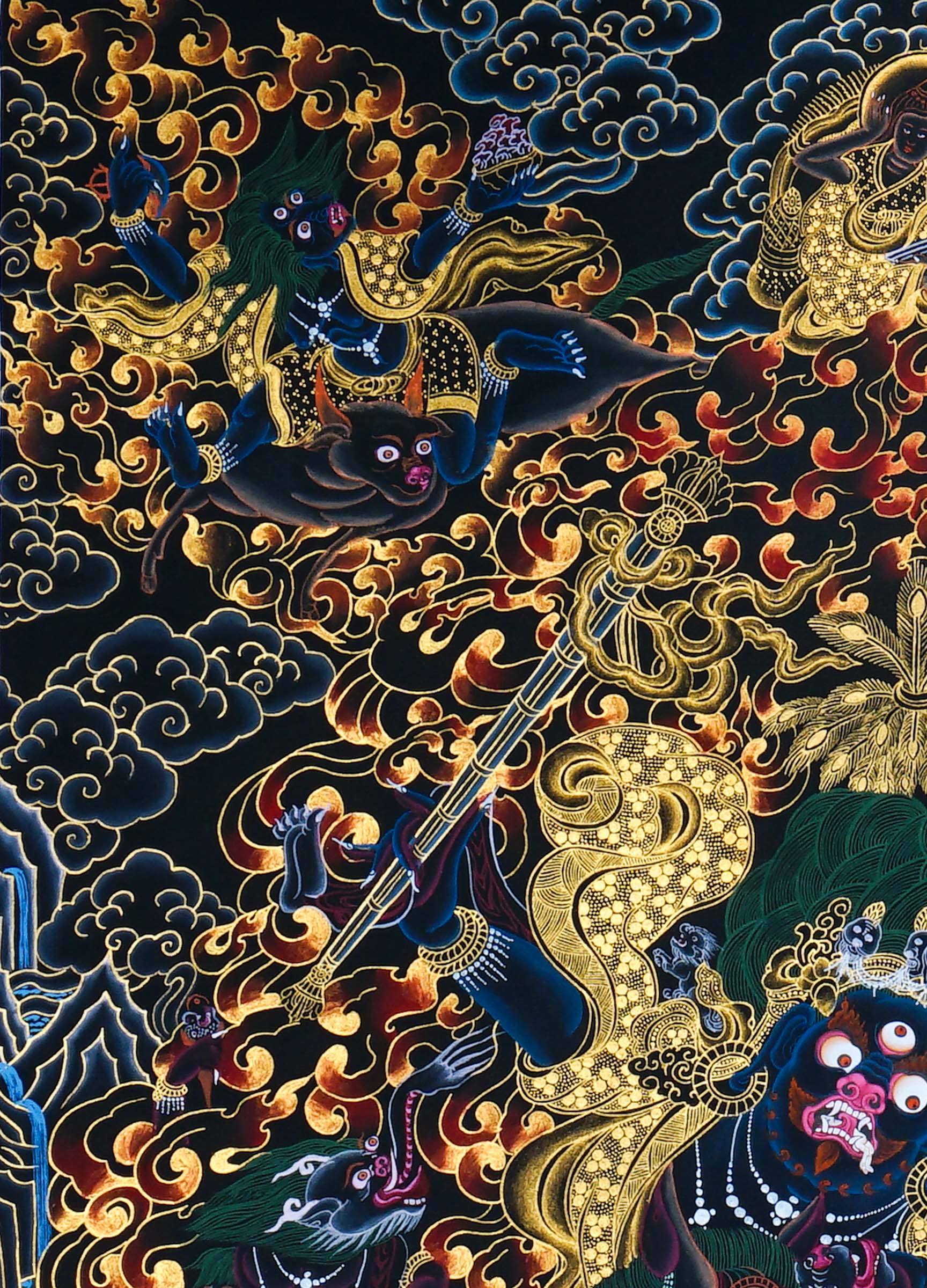 Close-up detail of Palden Lhamo Thangka Painting, wrathful female protector riding through flames and dark clouds with gold detailing