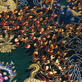 Close-up detail of Palden Lhamo Thangka Painting, wrathful female protector riding through flames and dark clouds with gold detailing