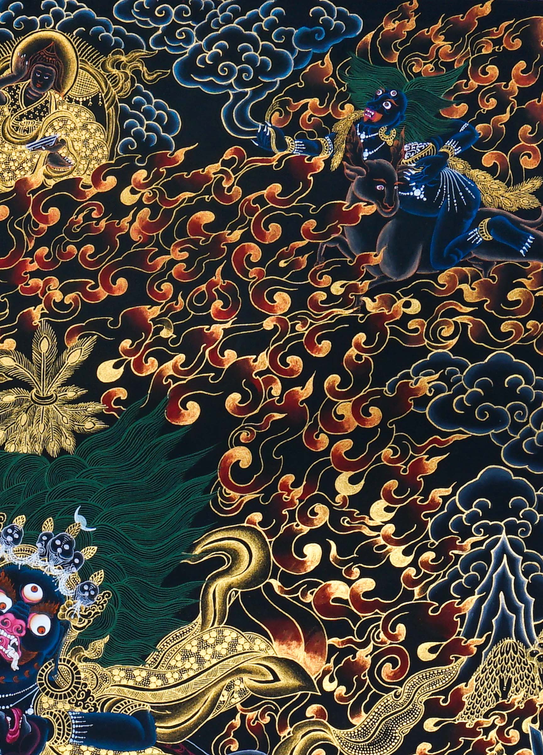 Close-up detail of Palden Lhamo Thangka Painting, wrathful female protector riding through flames and dark clouds with gold detailing