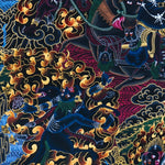 Close-up detail of Palden Lhamo Thangka Painting, wrathful female protector riding through flames and dark clouds with gold detailing
