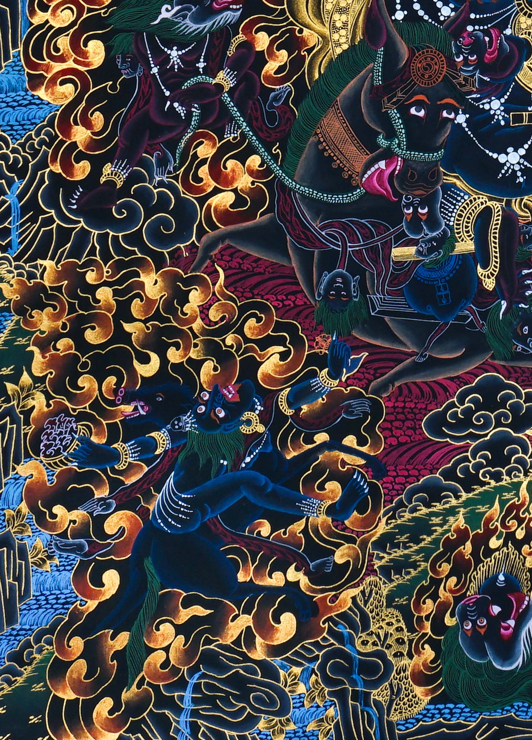 Close-up detail of Palden Lhamo Thangka Painting, wrathful female protector riding through flames and dark clouds with gold detailing