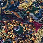 Close-up detail of Palden Lhamo Thangka Painting, wrathful female protector riding through flames and dark clouds with gold detailing