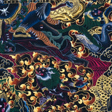 Close-up detail of Palden Lhamo Thangka Painting, wrathful female protector riding through flames and dark clouds with gold detailing