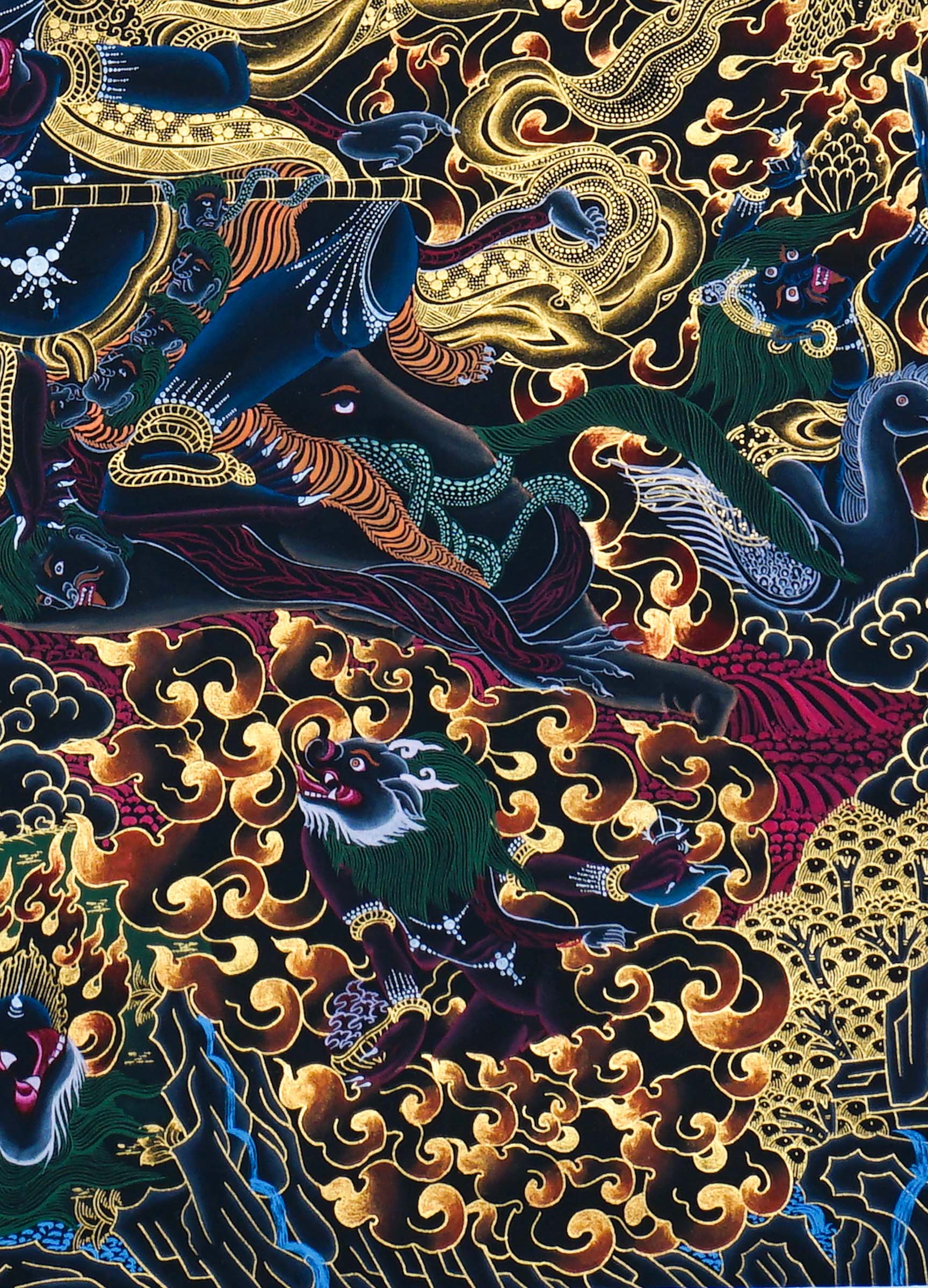 Close-up detail of Palden Lhamo Thangka Painting, wrathful female protector riding through flames and dark clouds with gold detailing