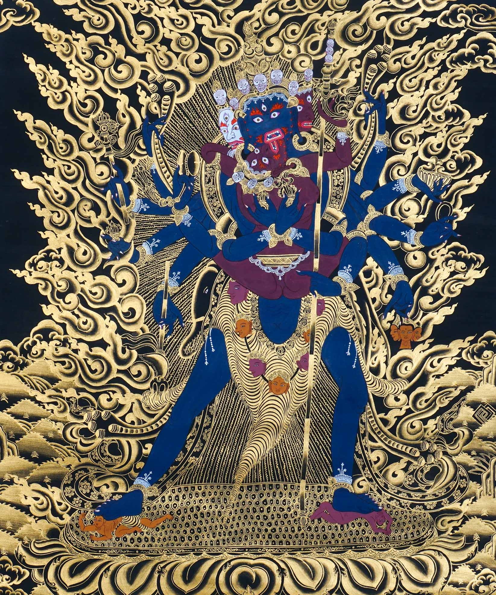 Chakrasamvara Thangka Painting – full view, Chakrasamvara (Heruka) in union with Vajravarahi, surrounded by golden flames