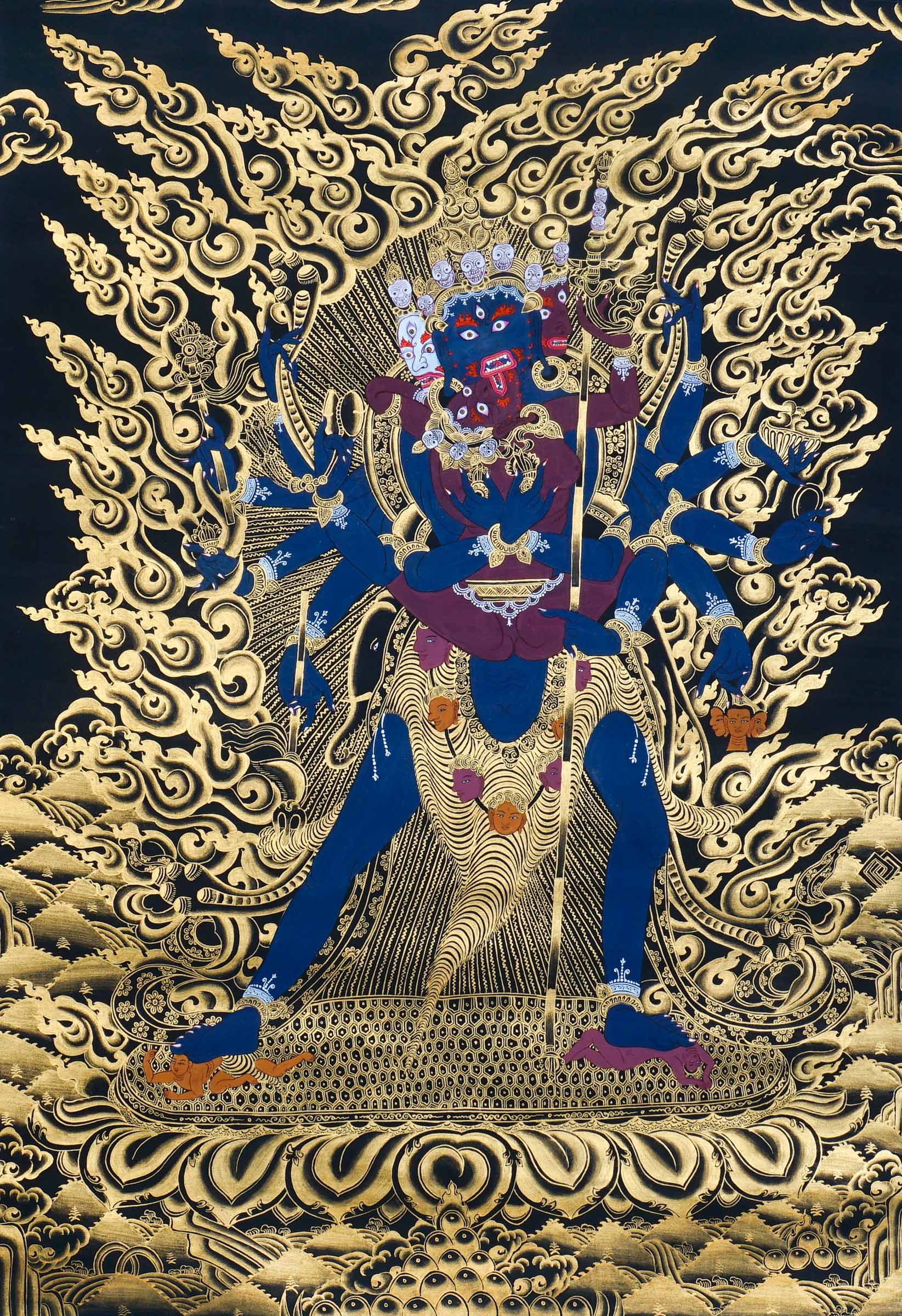 Chakrasamvara Thangka Painting – full view, Chakrasamvara (Heruka) in union with Vajravarahi, surrounded by golden flames