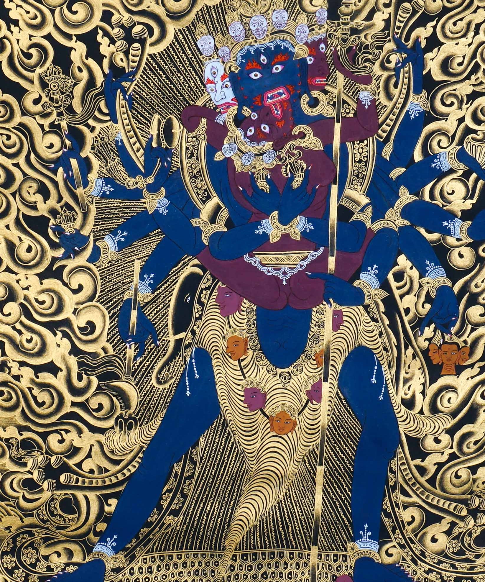 Close-up detail of Chakrasamvara Thangka Painting, Chakrasamvara (Heruka) in union with Vajravarahi, surrounded by golden flames
