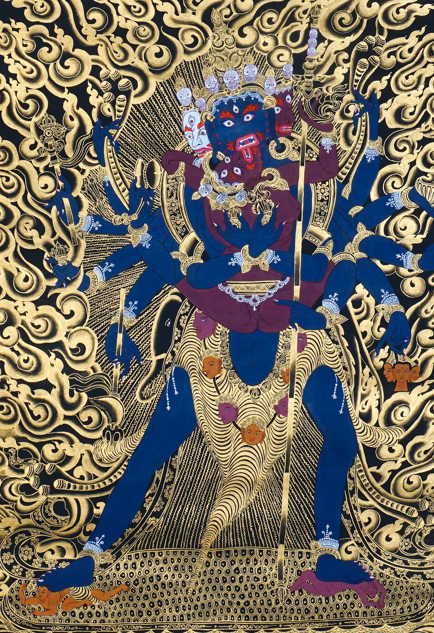 Close-up detail of Chakrasamvara Thangka Painting, Chakrasamvara (Heruka) in union with Vajravarahi, surrounded by golden flames