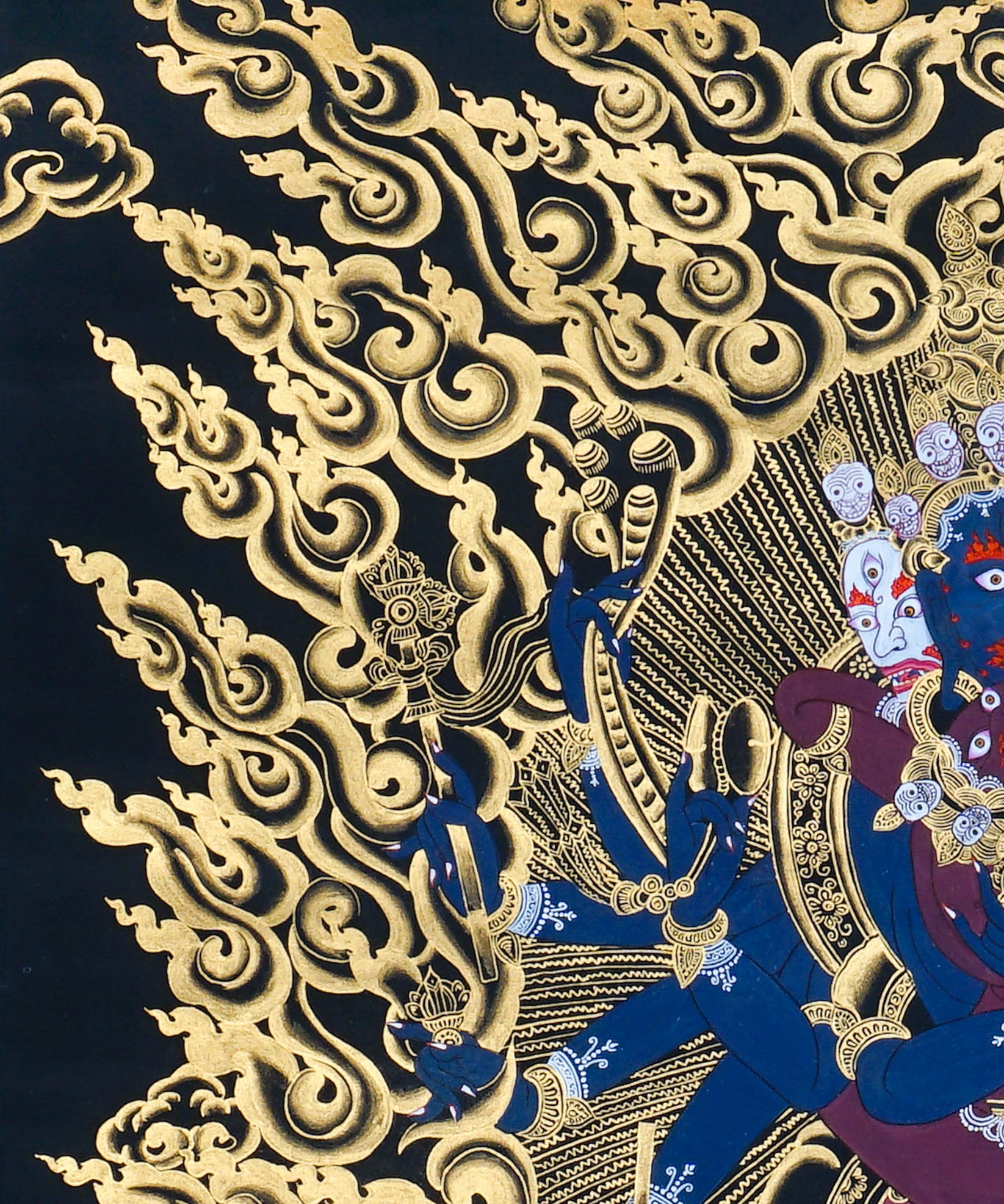 Close-up detail of Chakrasamvara Thangka Painting, Chakrasamvara (Heruka) in union with Vajravarahi, surrounded by golden flames