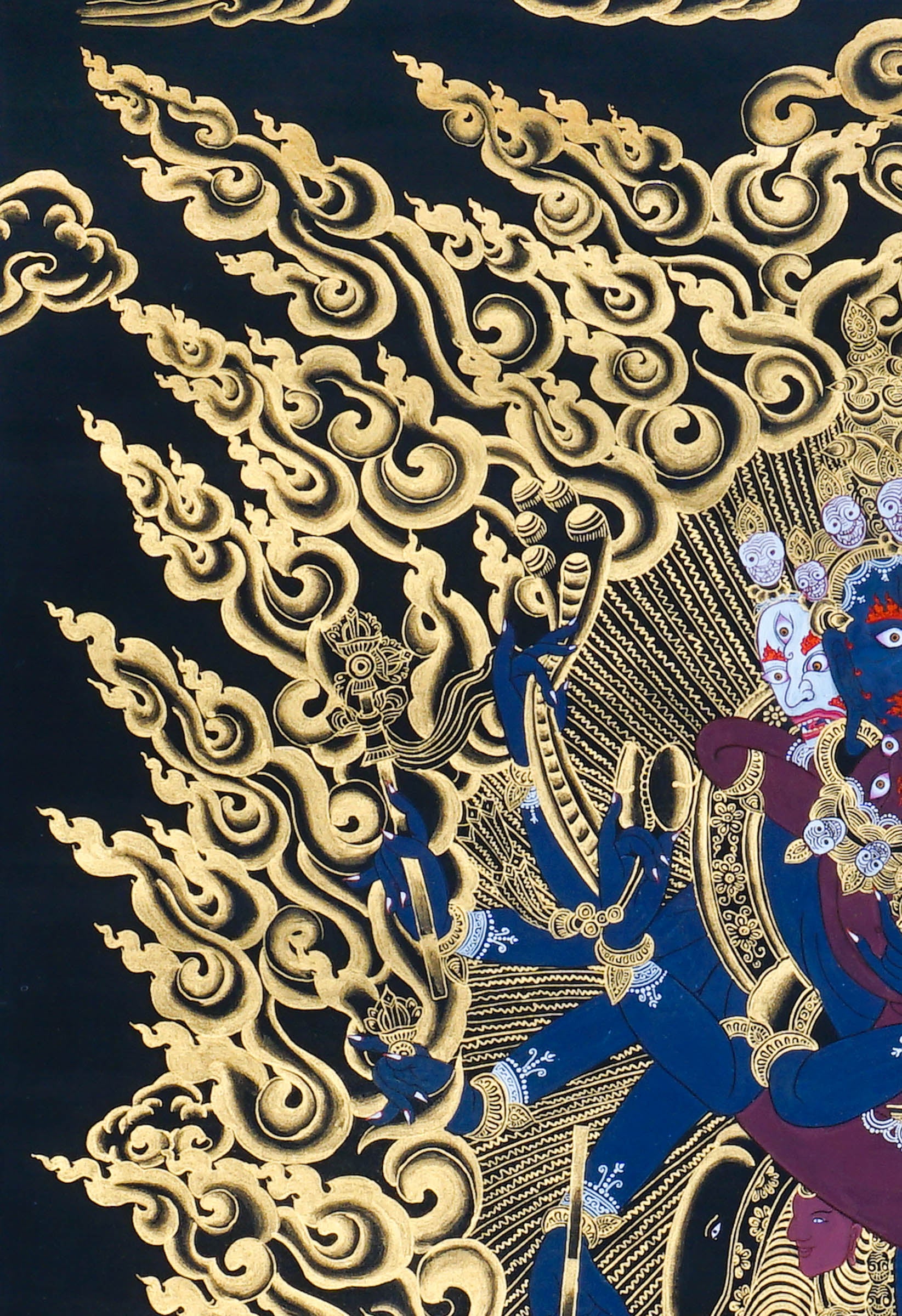 Close-up detail of Chakrasamvara Thangka Painting, Chakrasamvara (Heruka) in union with Vajravarahi, surrounded by golden flames