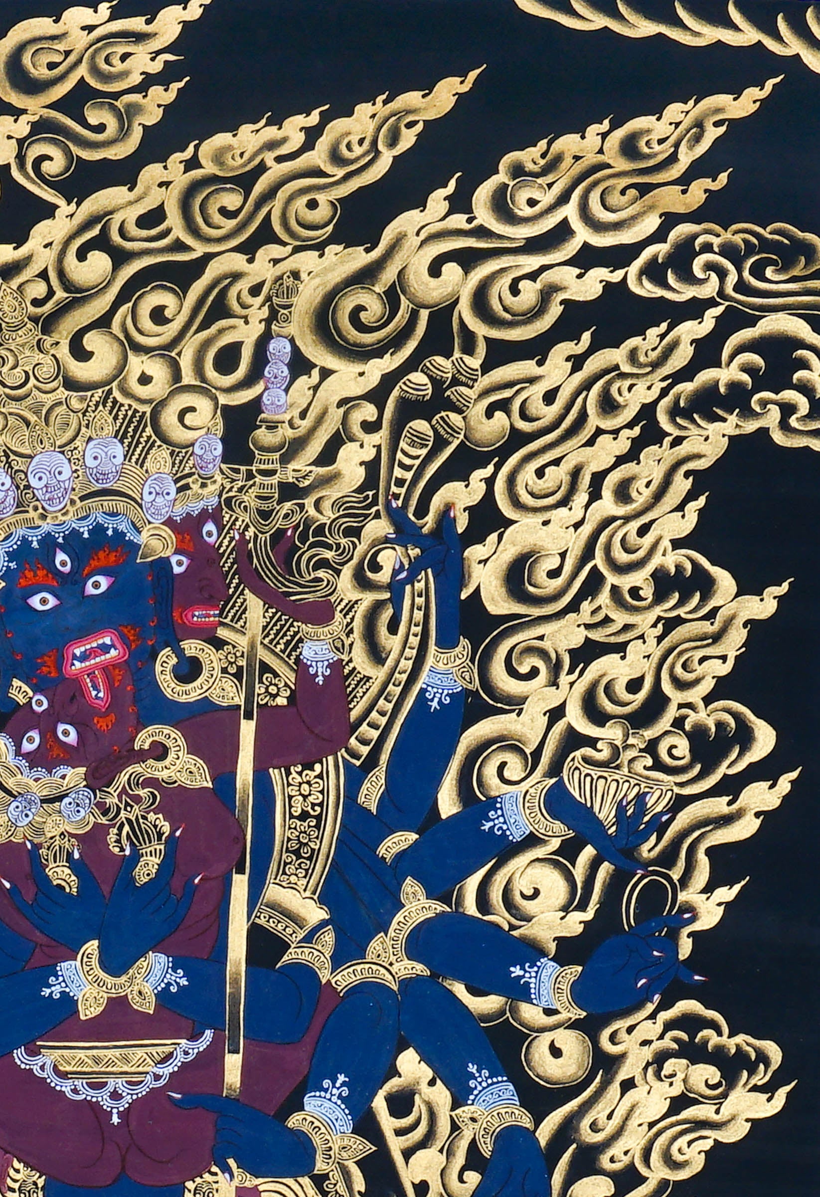 Close-up detail of Chakrasamvara Thangka Painting, Chakrasamvara (Heruka) in union with Vajravarahi, surrounded by golden flames