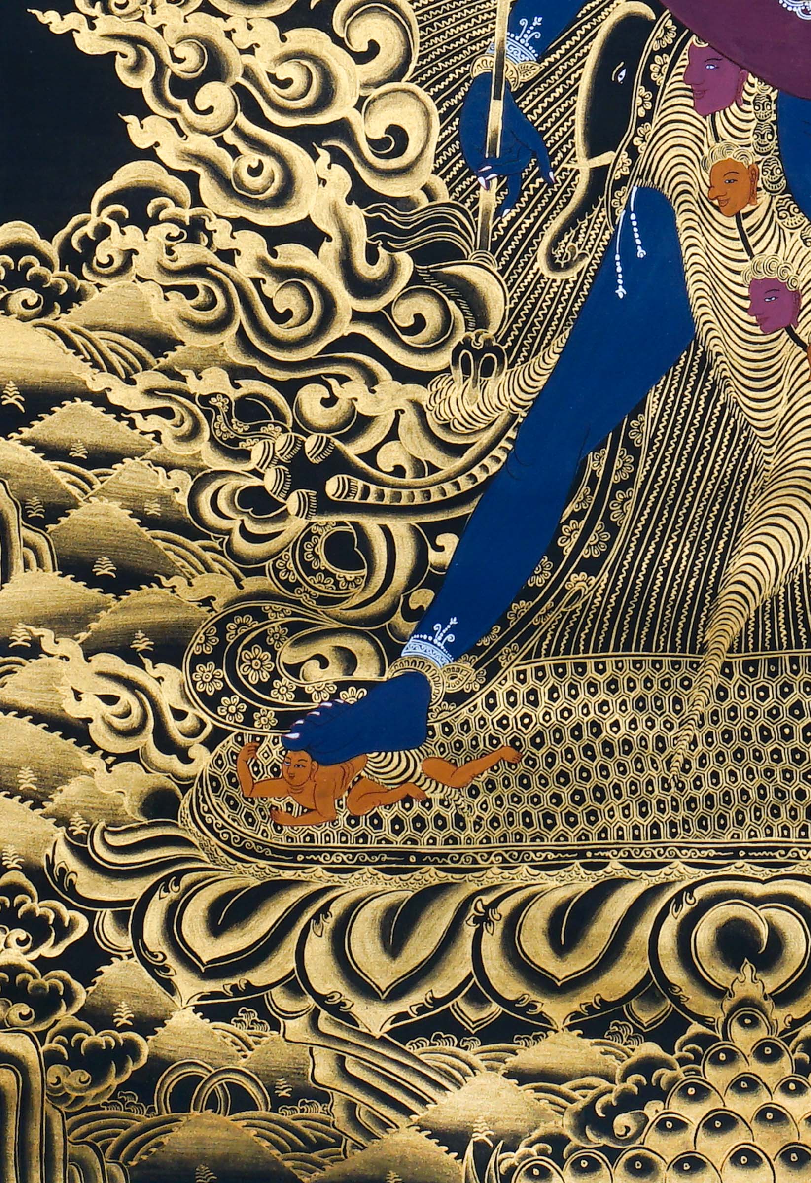 Close-up detail of Chakrasamvara Thangka Painting, Chakrasamvara (Heruka) in union with Vajravarahi, surrounded by golden flames