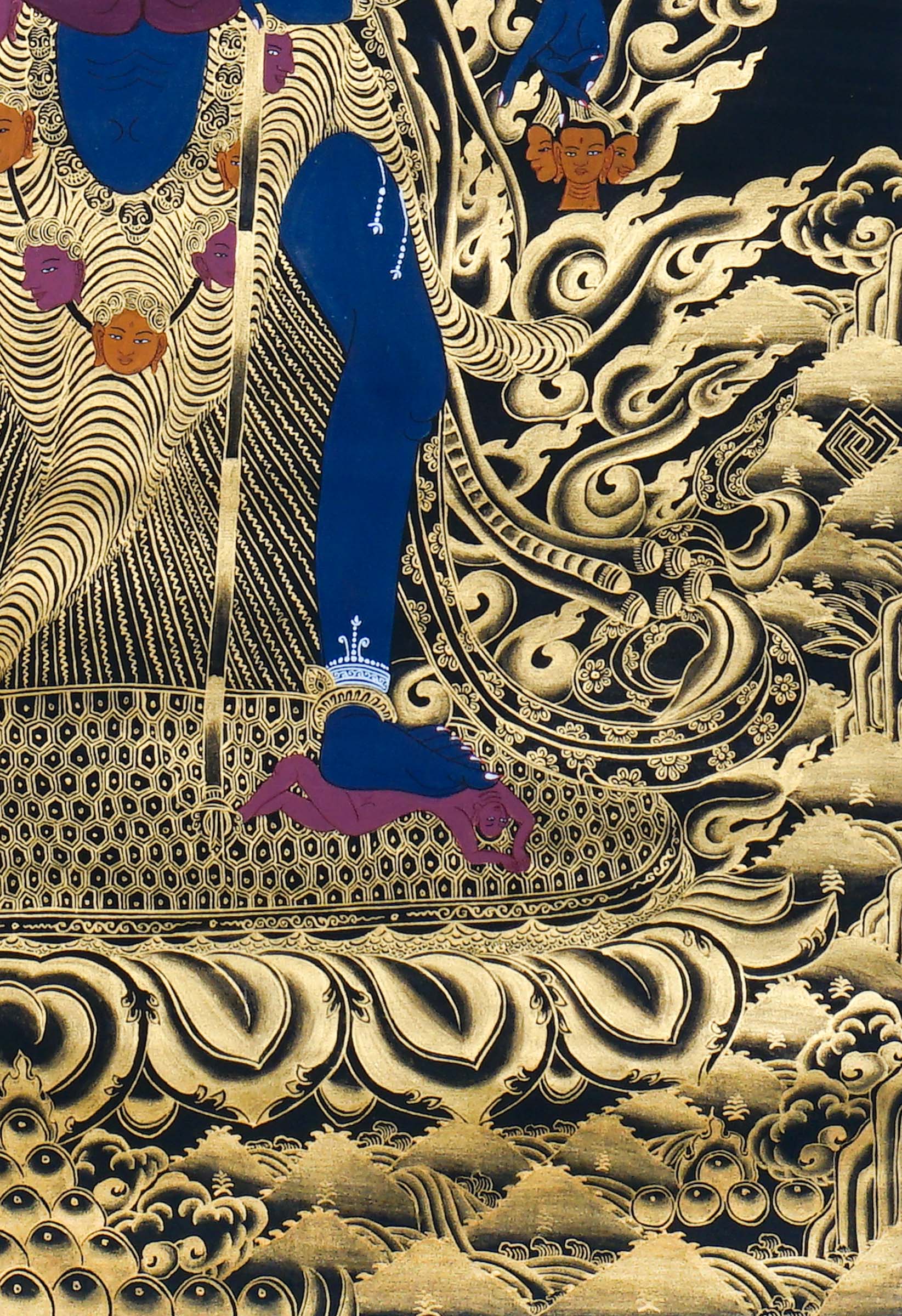Close-up detail of Chakrasamvara Thangka Painting, Chakrasamvara (Heruka) in union with Vajravarahi, surrounded by golden flames