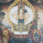 Avalokeshwor Thangka Painting showing Avalokiteshvara Chenrezig with many arms, lotus throne, surrounding deities and gold Himalayan Buddhist details.