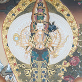 Avalokeshwor Thangka Painting showing Avalokiteshvara Chenrezig with many arms, lotus throne, surrounding deities and gold Himalayan Buddhist details.