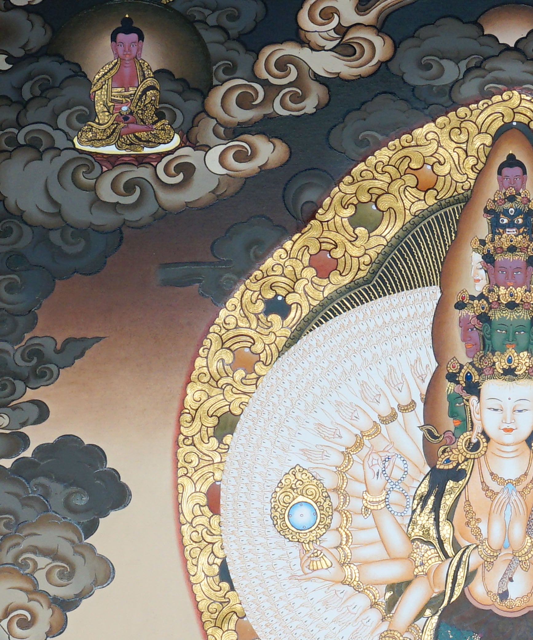 Avalokeshwor Thangka Painting showing Avalokiteshvara Chenrezig with many arms, lotus throne, surrounding deities and gold Himalayan Buddhist details.