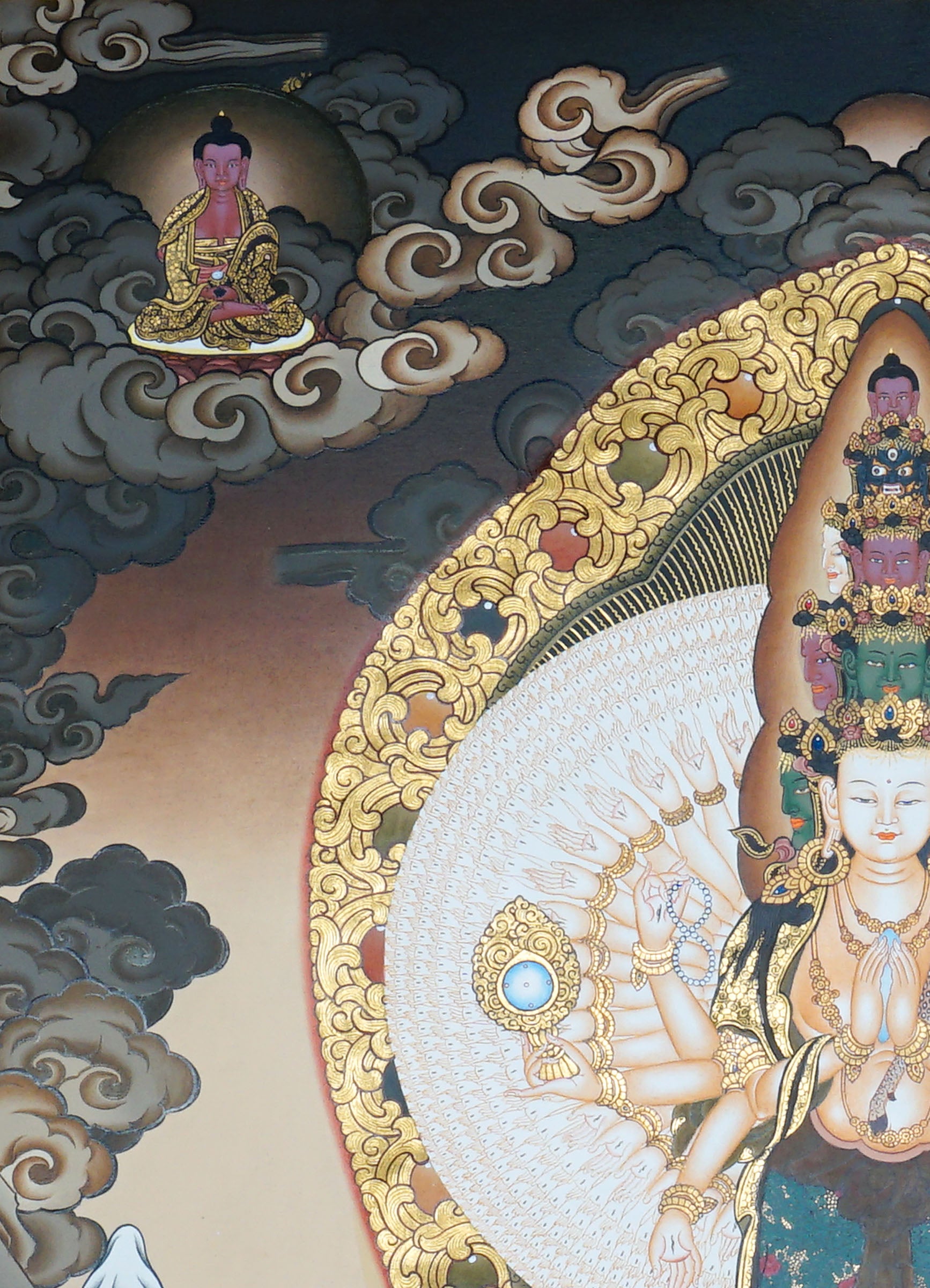 Avalokeshwor Thangka Painting showing Avalokiteshvara Chenrezig with many arms, lotus throne, surrounding deities and gold Himalayan Buddhist details.