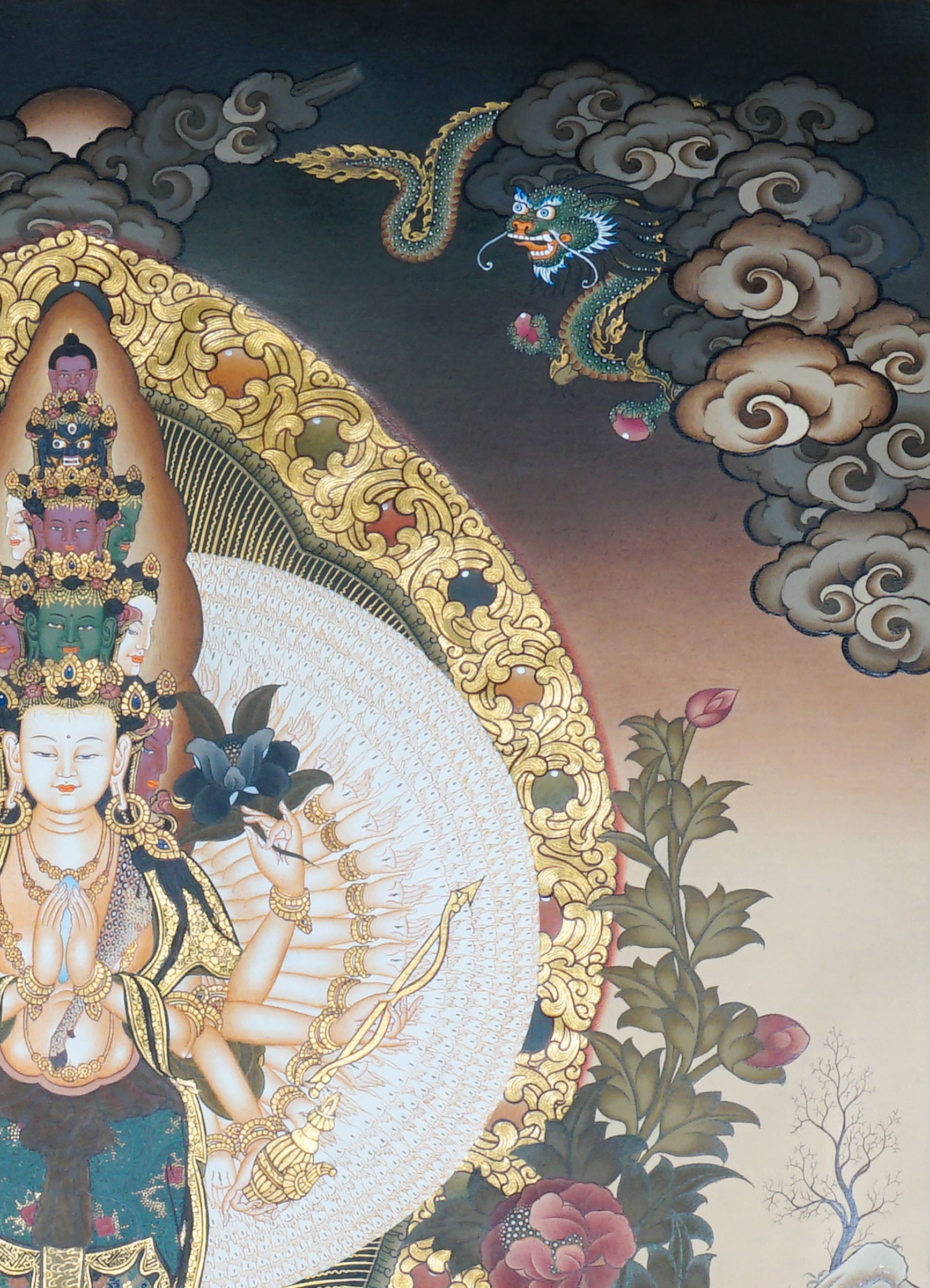 Avalokeshwor Thangka Painting showing Avalokiteshvara Chenrezig with many arms, lotus throne, surrounding deities and gold Himalayan Buddhist details.