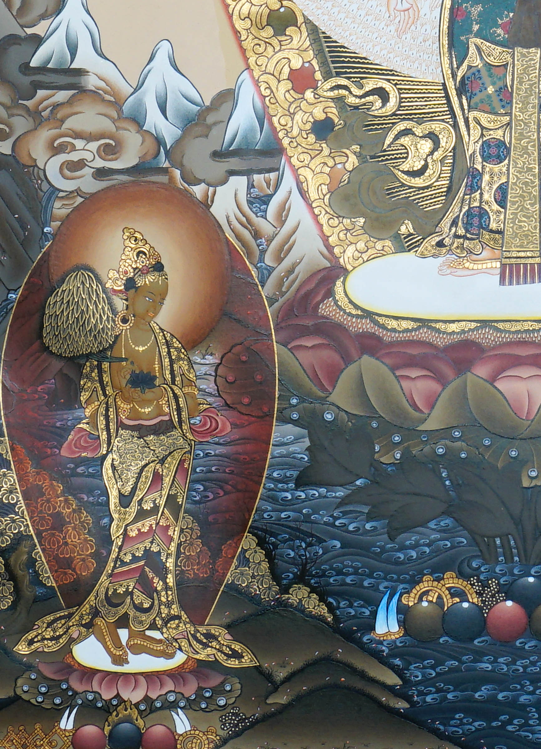 Avalokeshwor Thangka Painting showing Avalokiteshvara Chenrezig with many arms, lotus throne, surrounding deities and gold Himalayan Buddhist details.