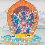 Chakrasamvara Thangka Painting showing Heruka in union with Vajravarahi, surrounded by a flame aura, ritual implements, lotus base and sacred Himalayan landscape details.