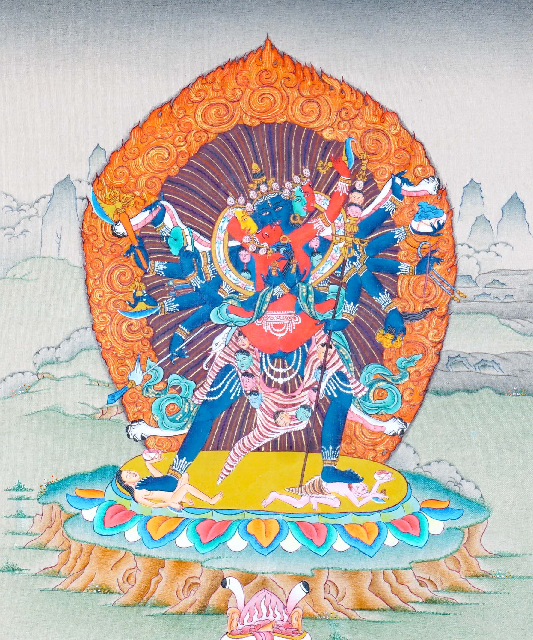Chakrasamvara Thangka Painting showing Heruka in union with Vajravarahi, surrounded by a flame aura, ritual implements, lotus base and sacred Himalayan landscape details.