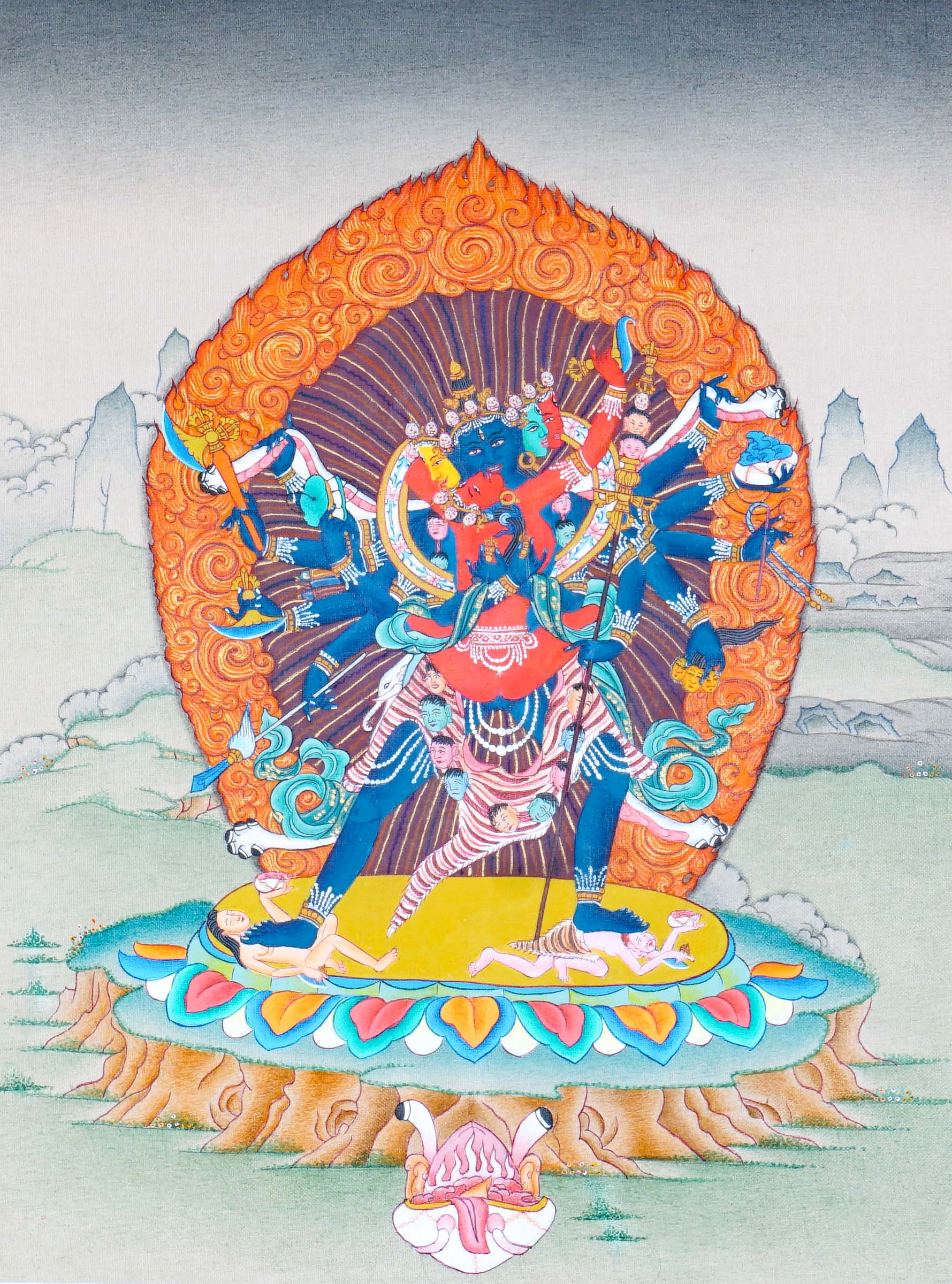 Chakrasamvara Thangka Painting showing Heruka in union with Vajravarahi, surrounded by a flame aura, ritual implements, lotus base and sacred Himalayan landscape details.