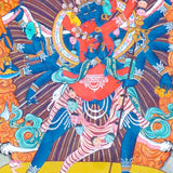 Chakrasamvara Thangka Painting showing Heruka in union with Vajravarahi, surrounded by a flame aura, ritual implements, lotus base and sacred Himalayan landscape details.