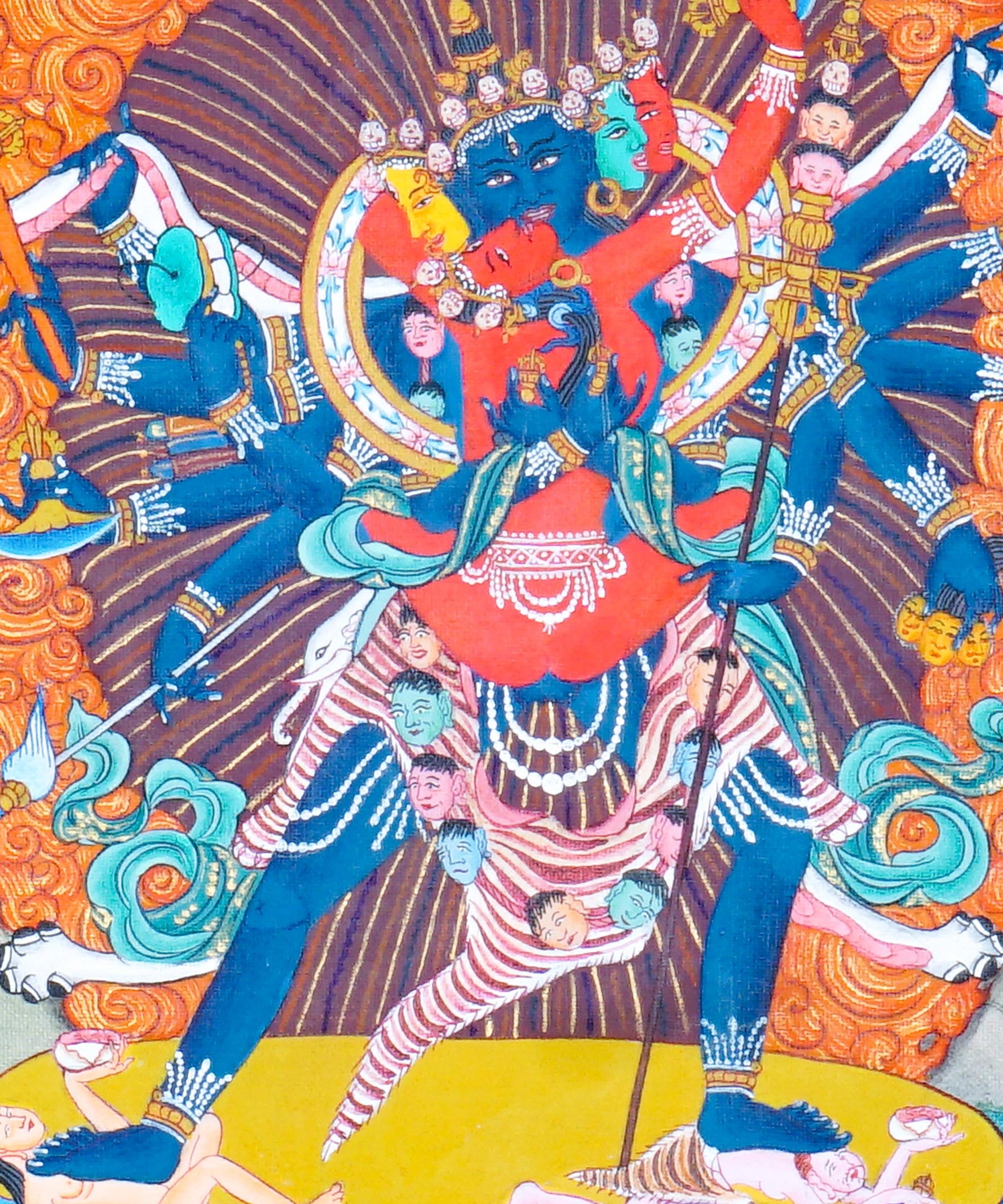 Chakrasamvara Thangka Painting showing Heruka in union with Vajravarahi, surrounded by a flame aura, ritual implements, lotus base and sacred Himalayan landscape details.