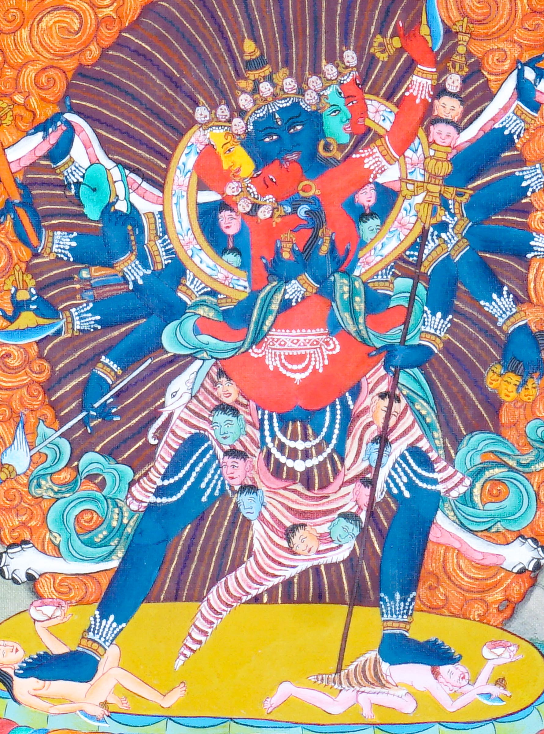 Chakrasamvara Thangka Painting showing Heruka in union with Vajravarahi, surrounded by a flame aura, ritual implements, lotus base and sacred Himalayan landscape details.