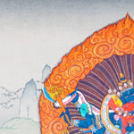 Chakrasamvara Thangka Painting showing Heruka in union with Vajravarahi, surrounded by a flame aura, ritual implements, lotus base and sacred Himalayan landscape details.