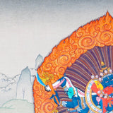 Chakrasamvara Thangka Painting showing Heruka in union with Vajravarahi, surrounded by a flame aura, ritual implements, lotus base and sacred Himalayan landscape details.