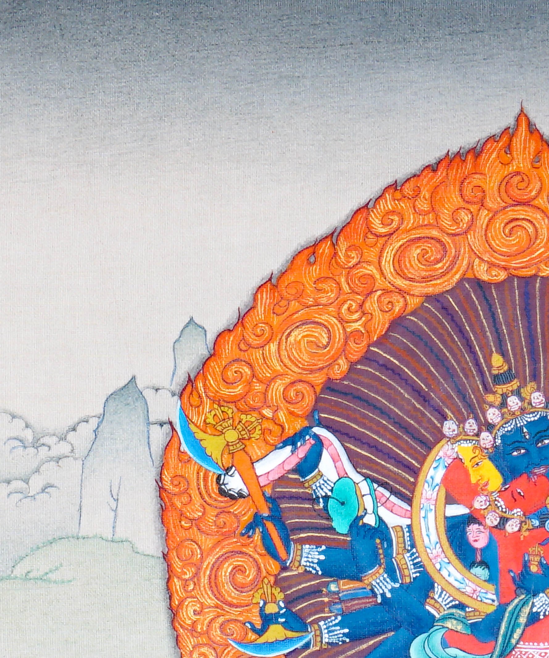 Chakrasamvara Thangka Painting showing Heruka in union with Vajravarahi, surrounded by a flame aura, ritual implements, lotus base and sacred Himalayan landscape details.
