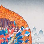 Chakrasamvara Thangka Painting showing Heruka in union with Vajravarahi, surrounded by a flame aura, ritual implements, lotus base and sacred Himalayan landscape details.