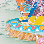 Chakrasamvara Thangka Painting showing Heruka in union with Vajravarahi, surrounded by a flame aura, ritual implements, lotus base and sacred Himalayan landscape details.