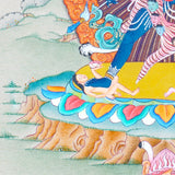 Chakrasamvara Thangka Painting showing Heruka in union with Vajravarahi, surrounded by a flame aura, ritual implements, lotus base and sacred Himalayan landscape details.