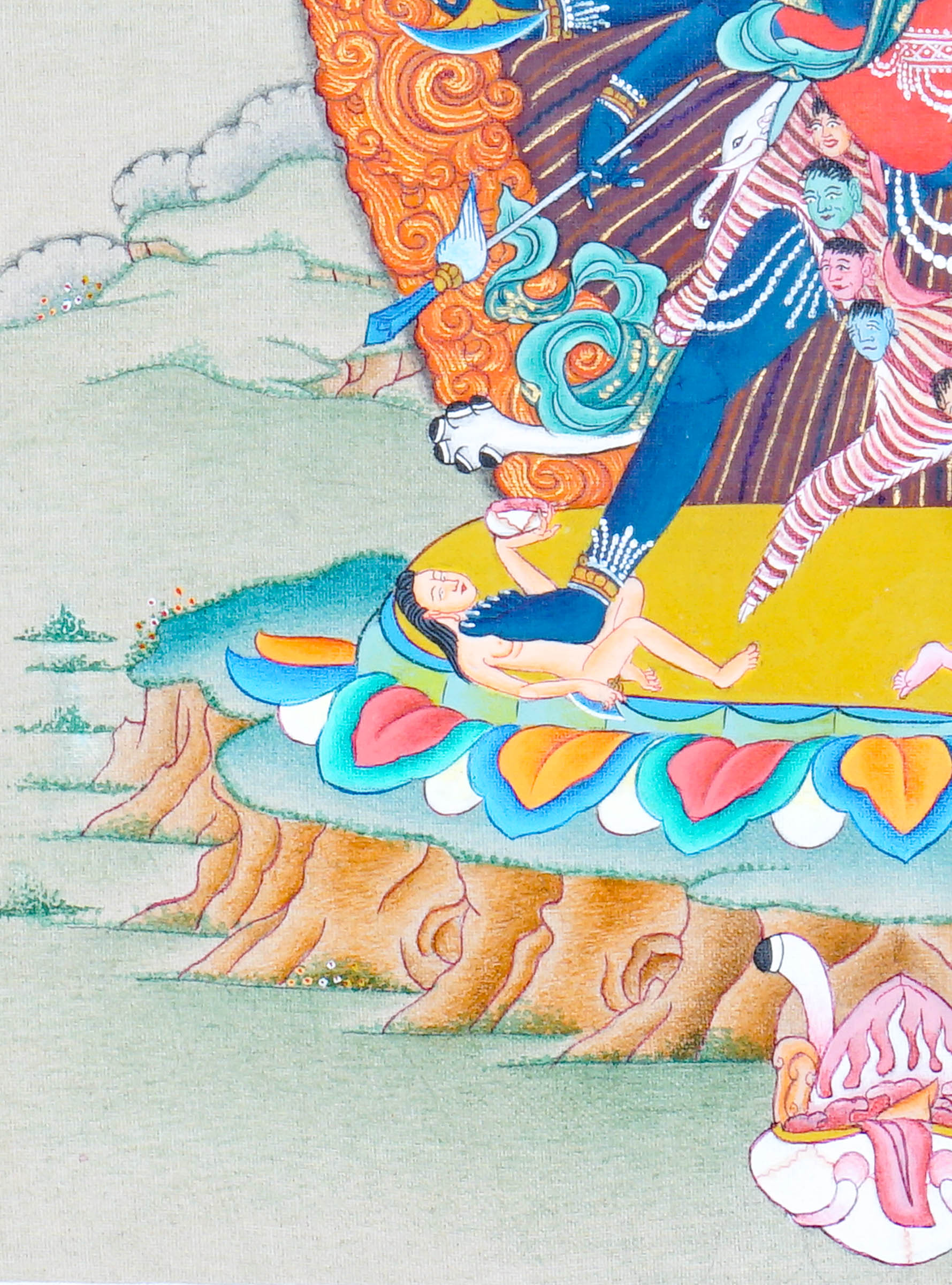 Chakrasamvara Thangka Painting showing Heruka in union with Vajravarahi, surrounded by a flame aura, ritual implements, lotus base and sacred Himalayan landscape details.