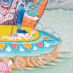 Chakrasamvara Thangka Painting showing Heruka in union with Vajravarahi, surrounded by a flame aura, ritual implements, lotus base and sacred Himalayan landscape details.