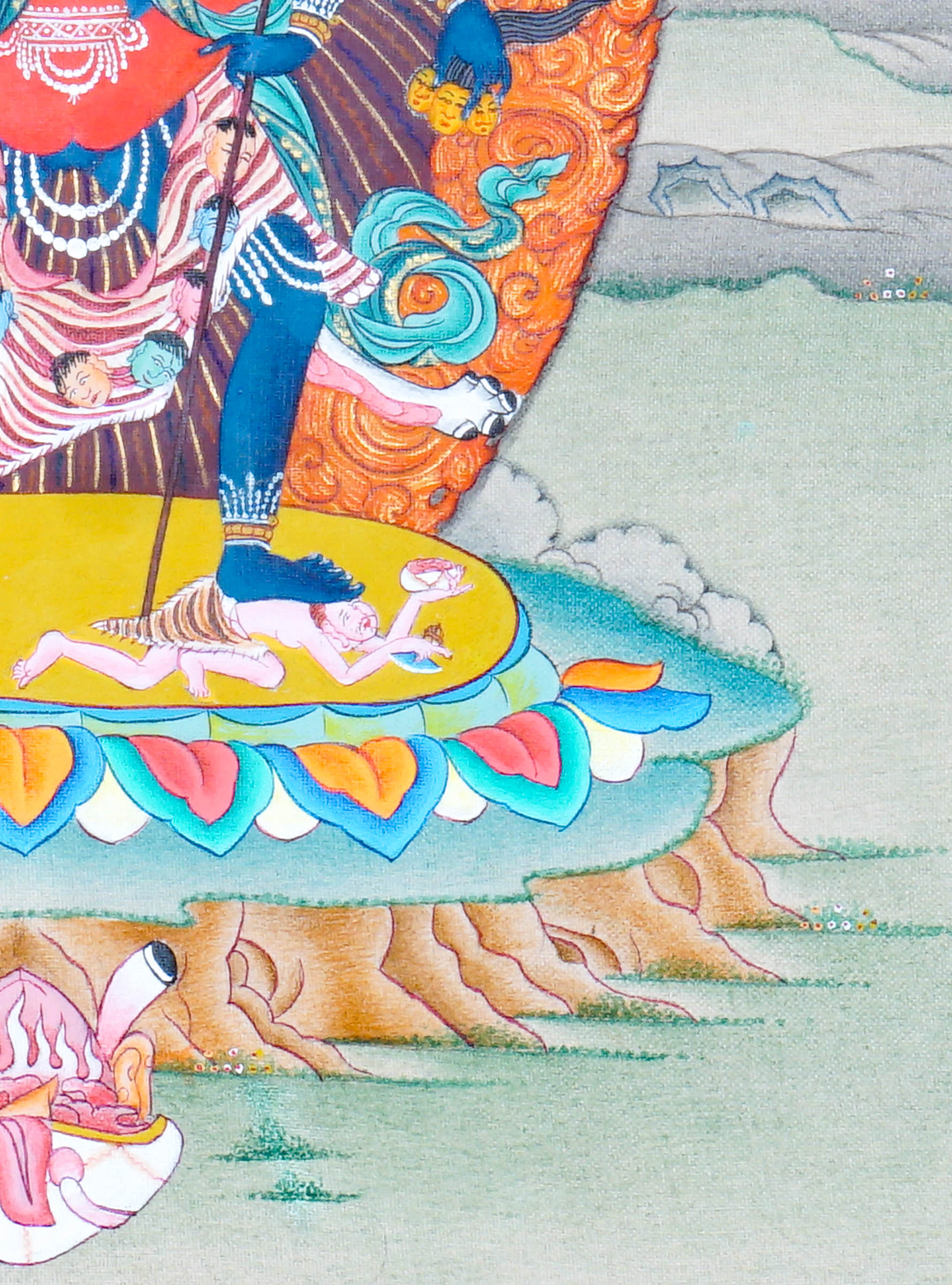 Chakrasamvara Thangka Painting showing Heruka in union with Vajravarahi, surrounded by a flame aura, ritual implements, lotus base and sacred Himalayan landscape details.