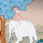 Four Harmonious Friends thangka painting showing an elephant, monkey, rabbit and bird working together beneath a blue flowering tree, symbolising harmony.