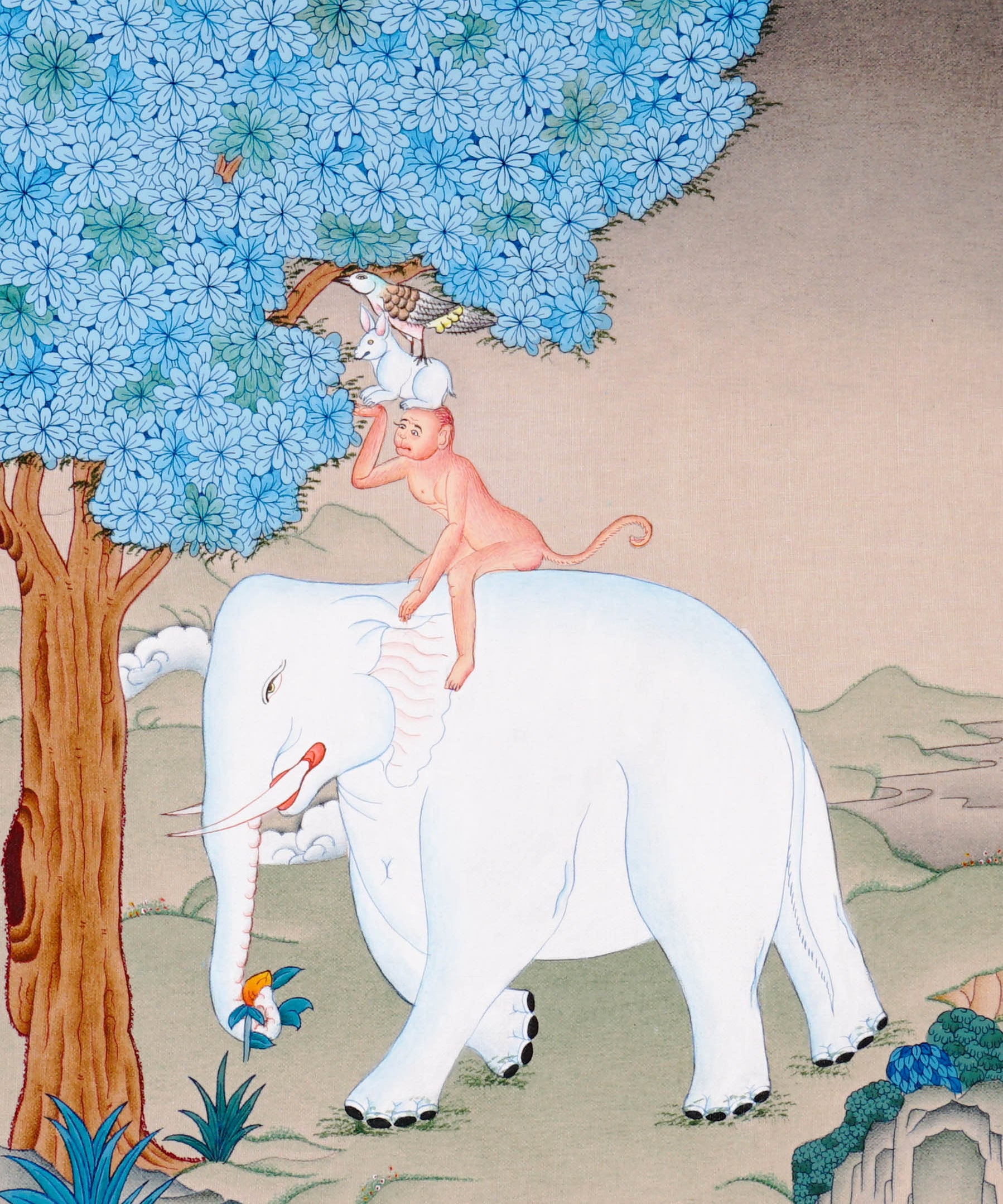 Four Harmonious Friends thangka painting showing an elephant, monkey, rabbit and bird working together beneath a blue flowering tree, symbolising harmony.