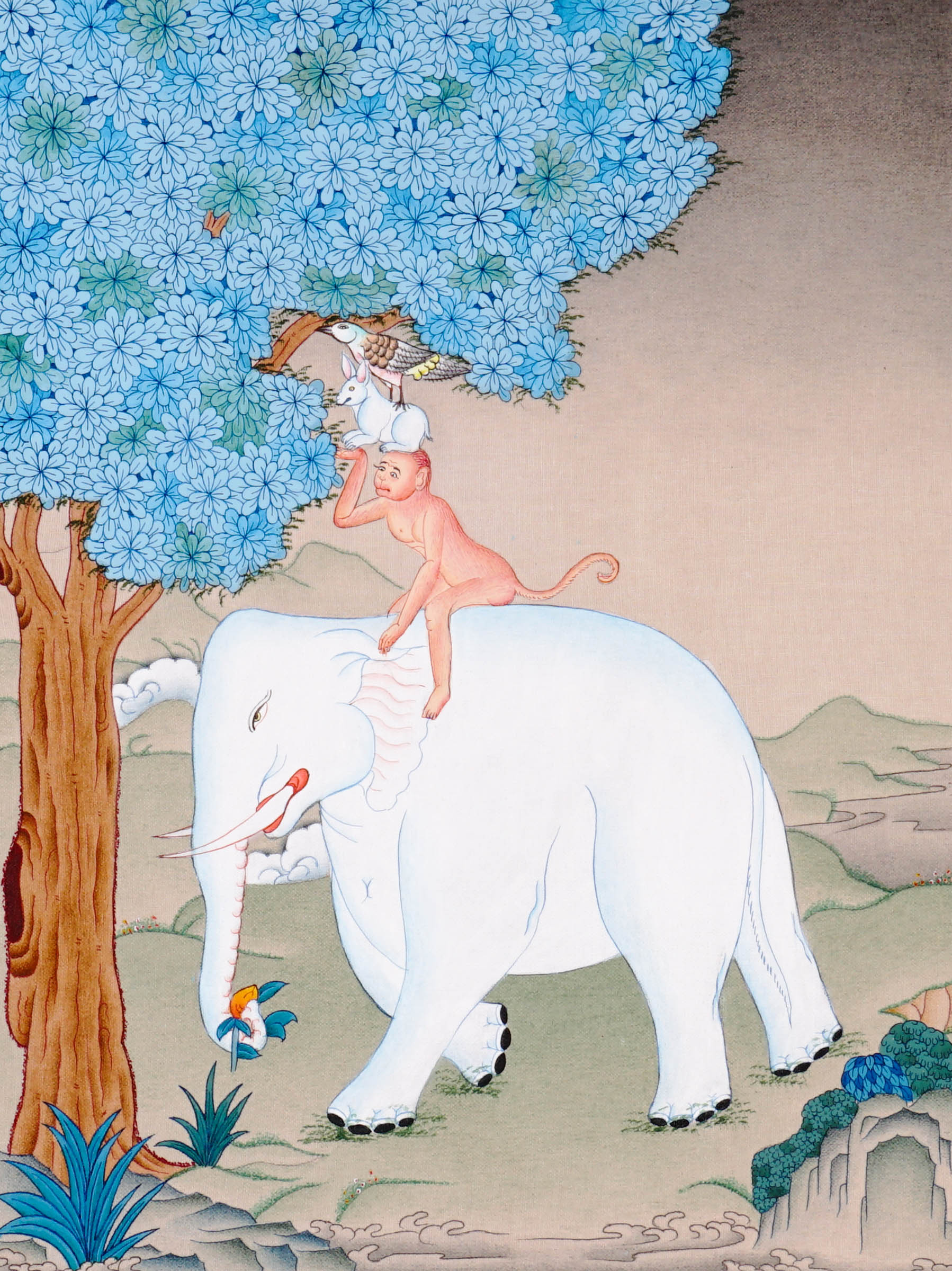 Four Harmonious Friends thangka painting showing an elephant, monkey, rabbit and bird working together beneath a blue flowering tree, symbolising harmony.