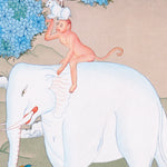 Four Harmonious Friends thangka painting showing an elephant, monkey, rabbit and bird working together beneath a blue flowering tree, symbolising harmony.