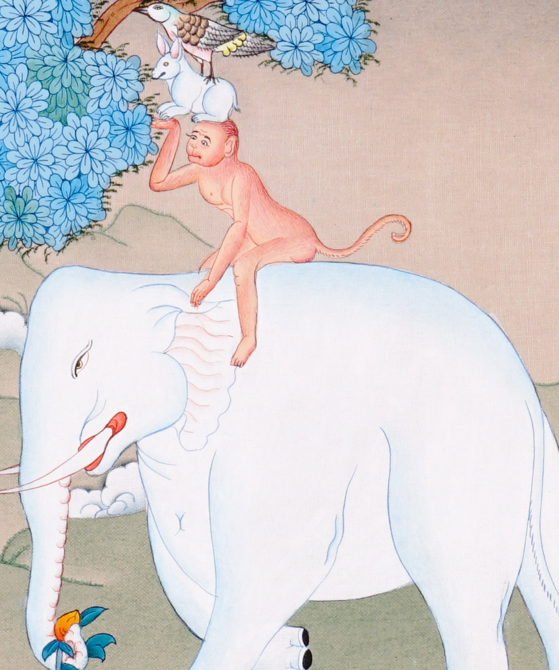 Four Harmonious Friends thangka painting showing an elephant, monkey, rabbit and bird working together beneath a blue flowering tree, symbolising harmony.