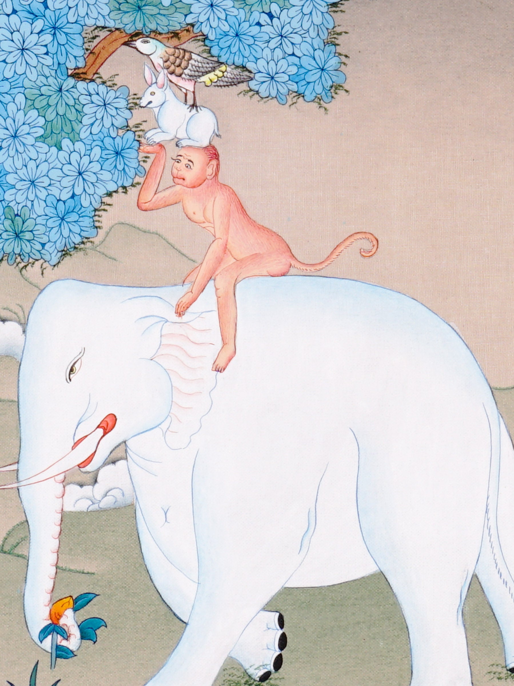 Four Harmonious Friends thangka painting showing an elephant, monkey, rabbit and bird working together beneath a blue flowering tree, symbolising harmony.