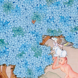 Four Harmonious Friends thangka painting showing an elephant, monkey, rabbit and bird working together beneath a blue flowering tree, symbolising harmony.