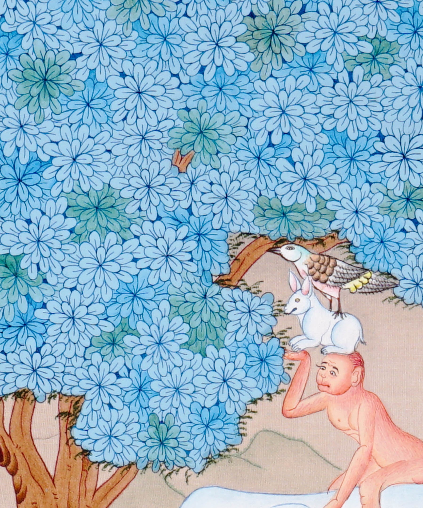 Four Harmonious Friends thangka painting showing an elephant, monkey, rabbit and bird working together beneath a blue flowering tree, symbolising harmony.